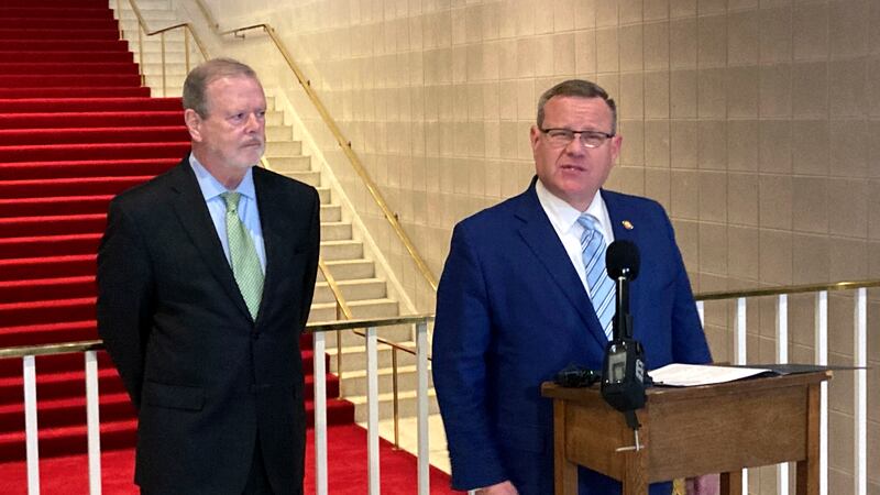 North Carolina House Speaker Tim Moore, R-Cleveland, speaks to reporters while Senate leader...