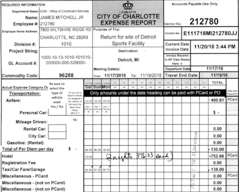 The cover page for the expense report filed by Councilman Mitchell on a 2018 trip to Detroit.