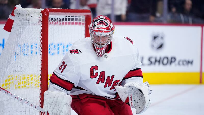 Carolina Hurricanes' Frederik Andersen plays during an NHL hockey game, Monday, Oct. 30, 2023,...
