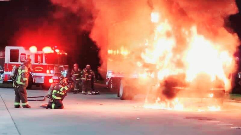 A tractor-trailer caught fire Wednesday night at a gas station in Kannapolis.