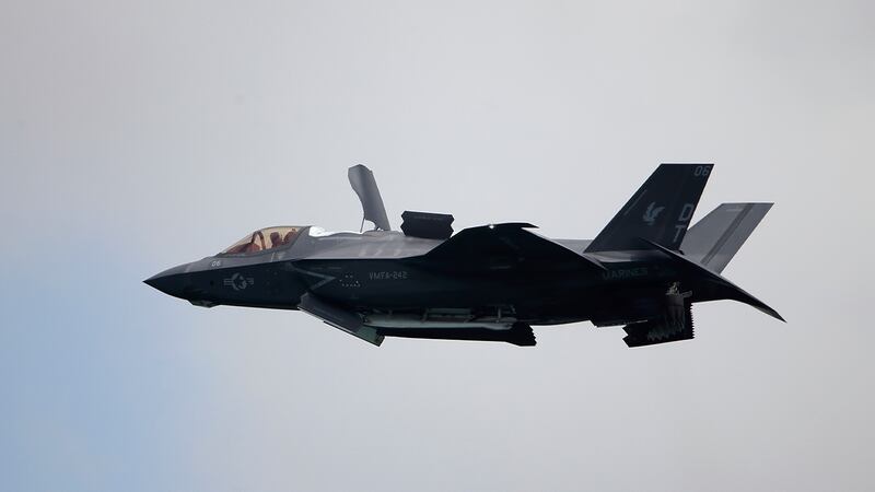 A United States Marine Corps F-35B Lightning II takes part in an aerial display during the...