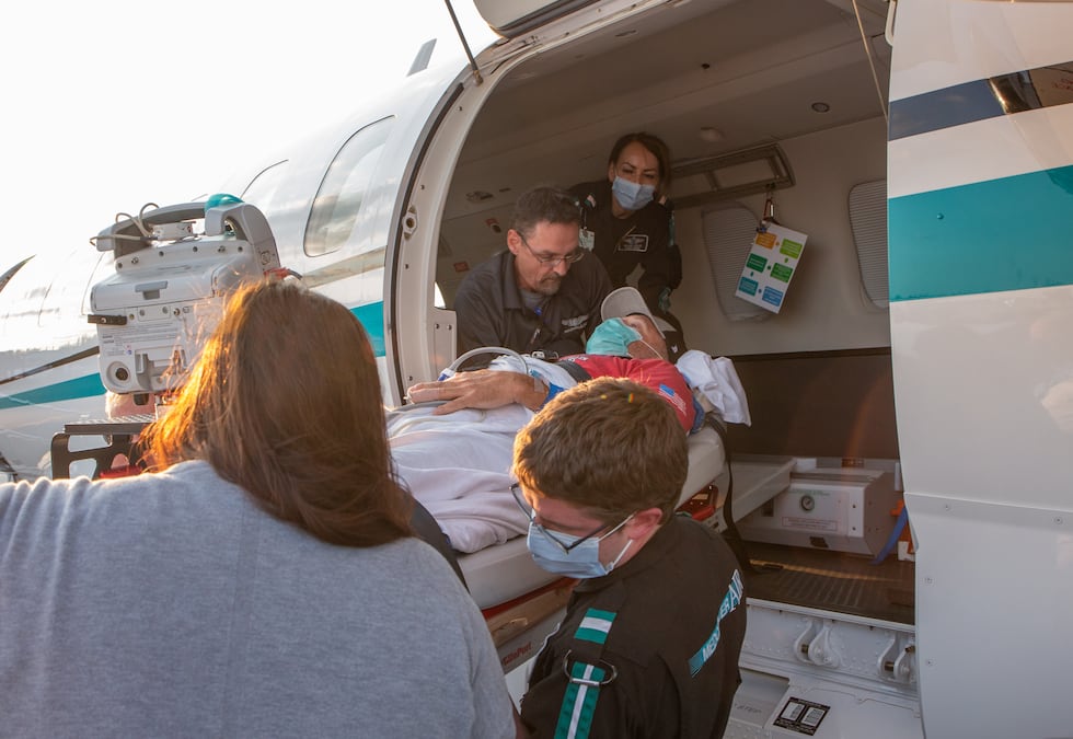 Retired Charlotte Fire captain Tripp Fincher returned home via Atrium Health MedCenter Air.