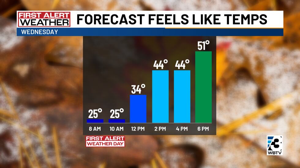 Temperatures will feel like the 20s due to breezy conditions.
