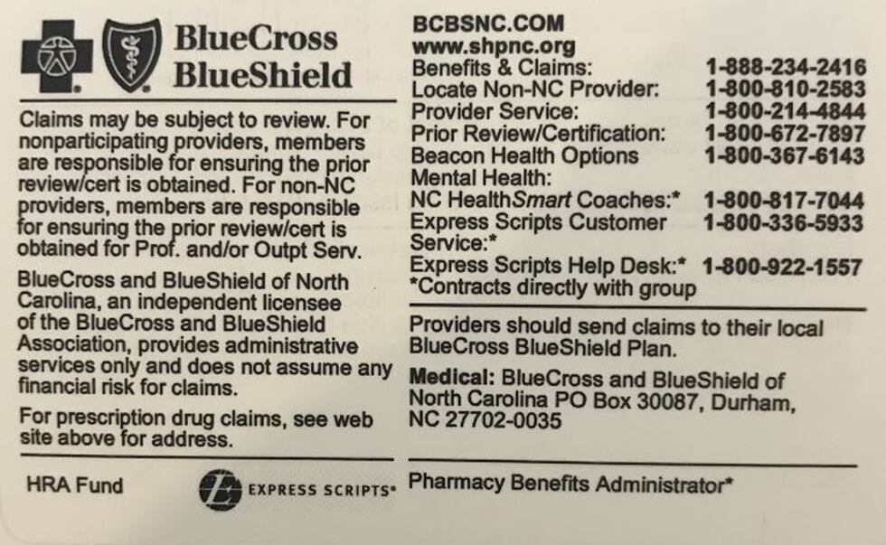 This is the back of the insurance card issued to members of the State Health Plan in 2016,...