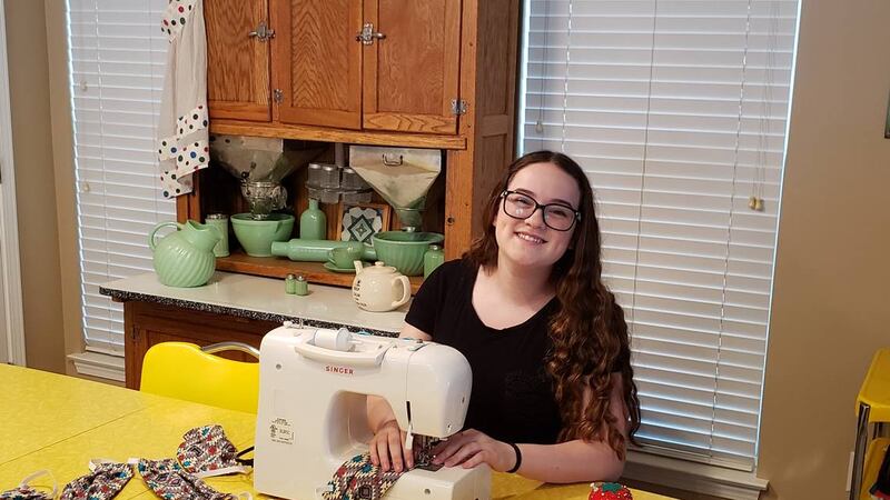 Marina Nichols, 15, is sewing homemade face masks to donate to local hospitals running low on...