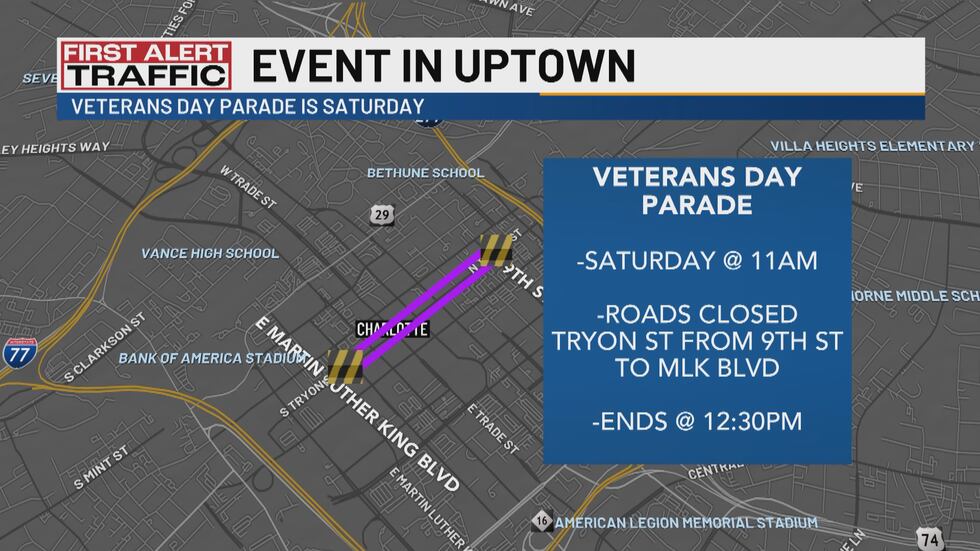The 2023 Salute to Veterans Parade will go down Tryon Street on Saturday.