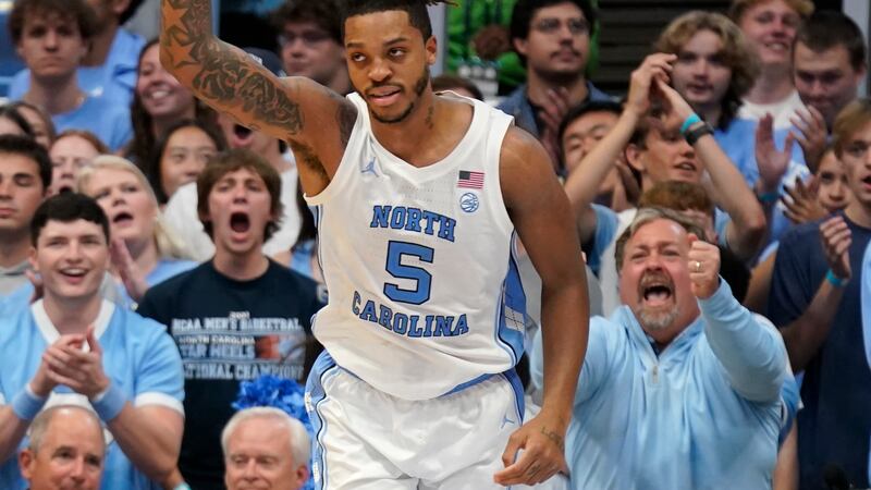 North Carolina forward Armando Bacot (5) reacts after a basket against Radford during the...