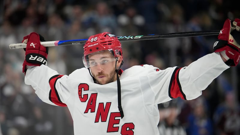 Carolina Hurricanes left wing Michael Bunting skates off the ice after losing to the Colorado...