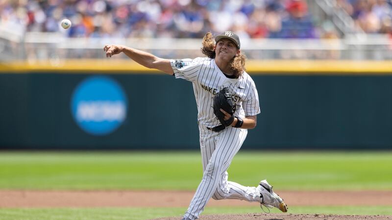 Wake Forest starting pitcher Rhett Lowder throws against Stanford in the first inning of a...